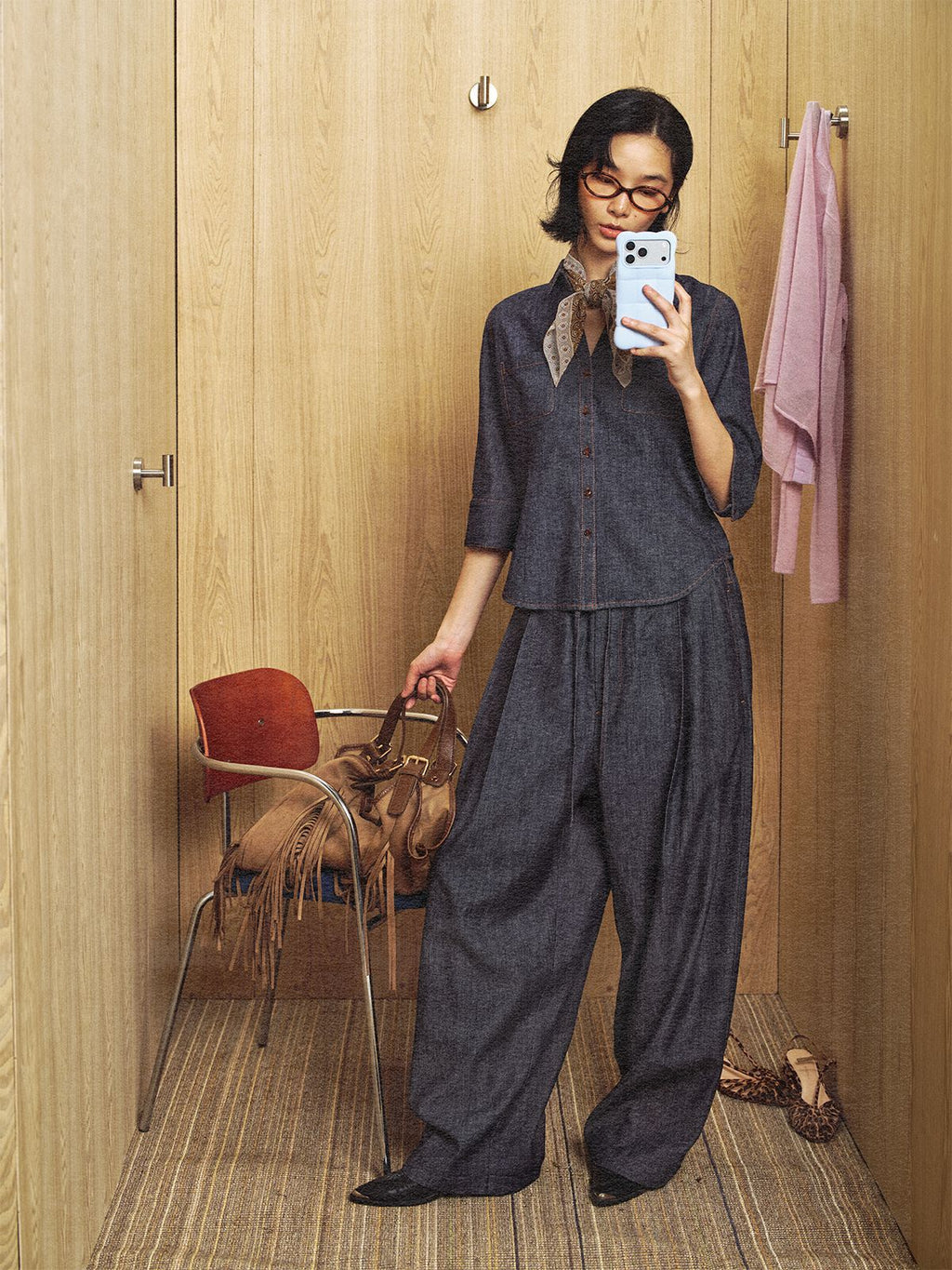 Linen Cotton Waist-Cinching Denim Shirt
