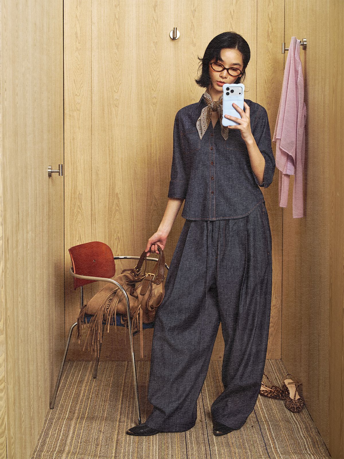 Linen Cotton Waist-Cinching Denim Shirt