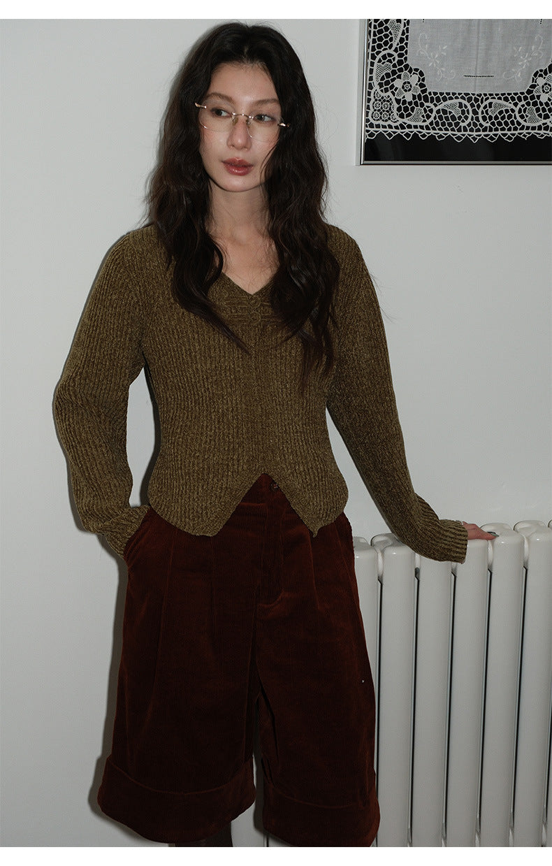 Frog Button V-Neck Striped Long-sleeve Slim-Fit Sweater