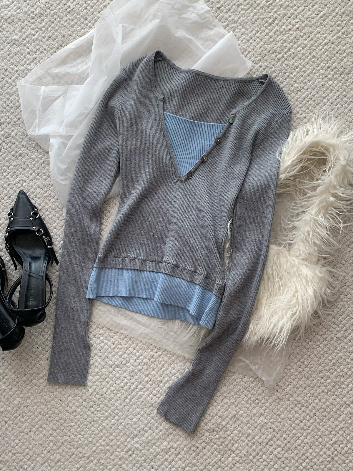 Illusion Two Tops V-Neck Ribbed Long Sleeve Top