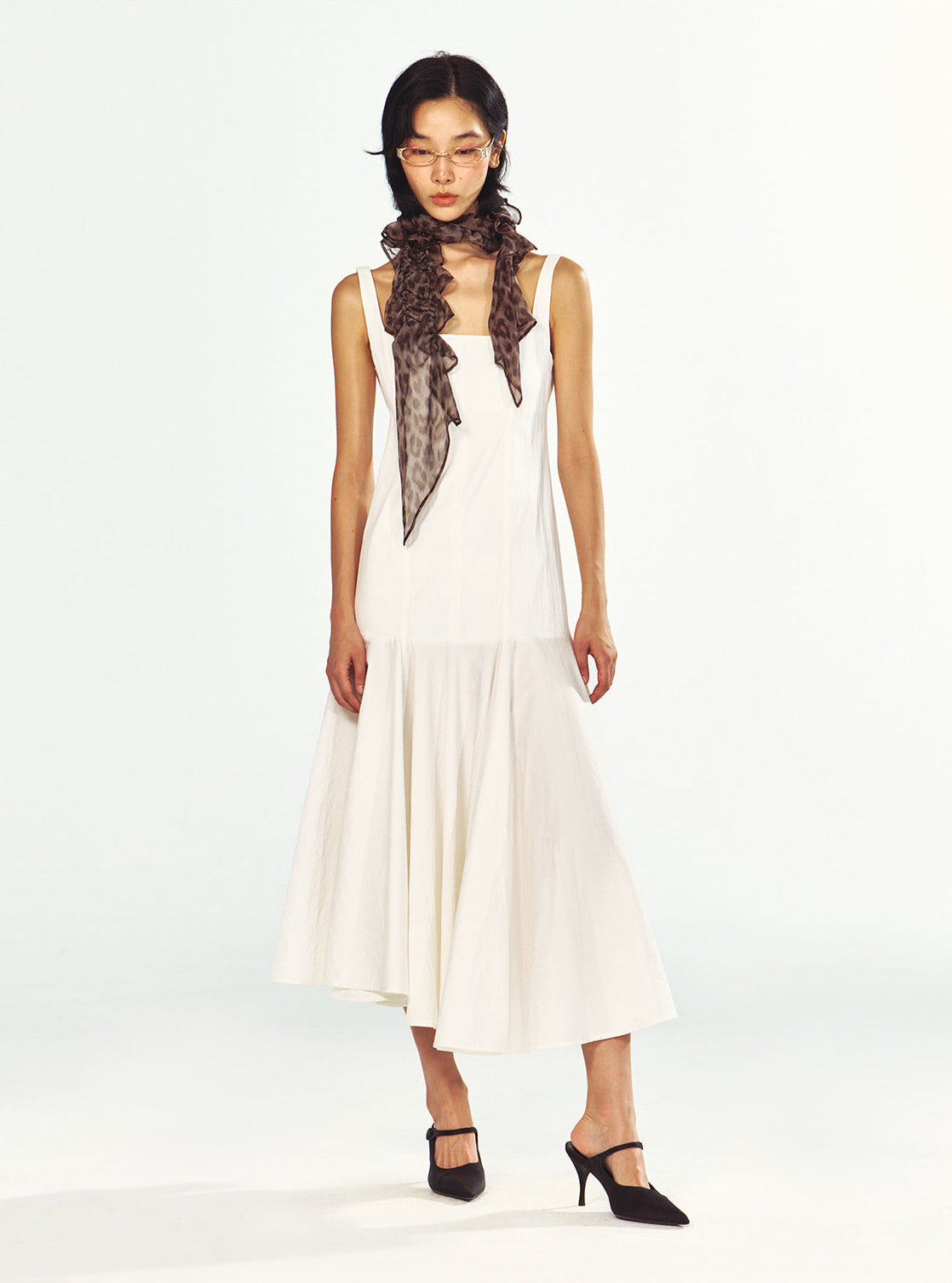 Square-Neck Fitted Bodice Midi Dress with Gathered Flare Skirt
