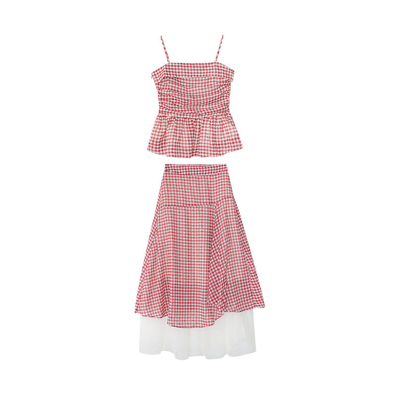 Gingham Peplum Cami Top & Layered Maxi Skirt Set