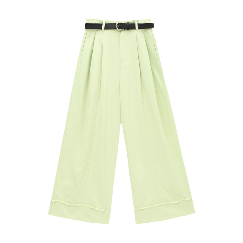 Versatile Frayed Wide-leg Pants with Belt