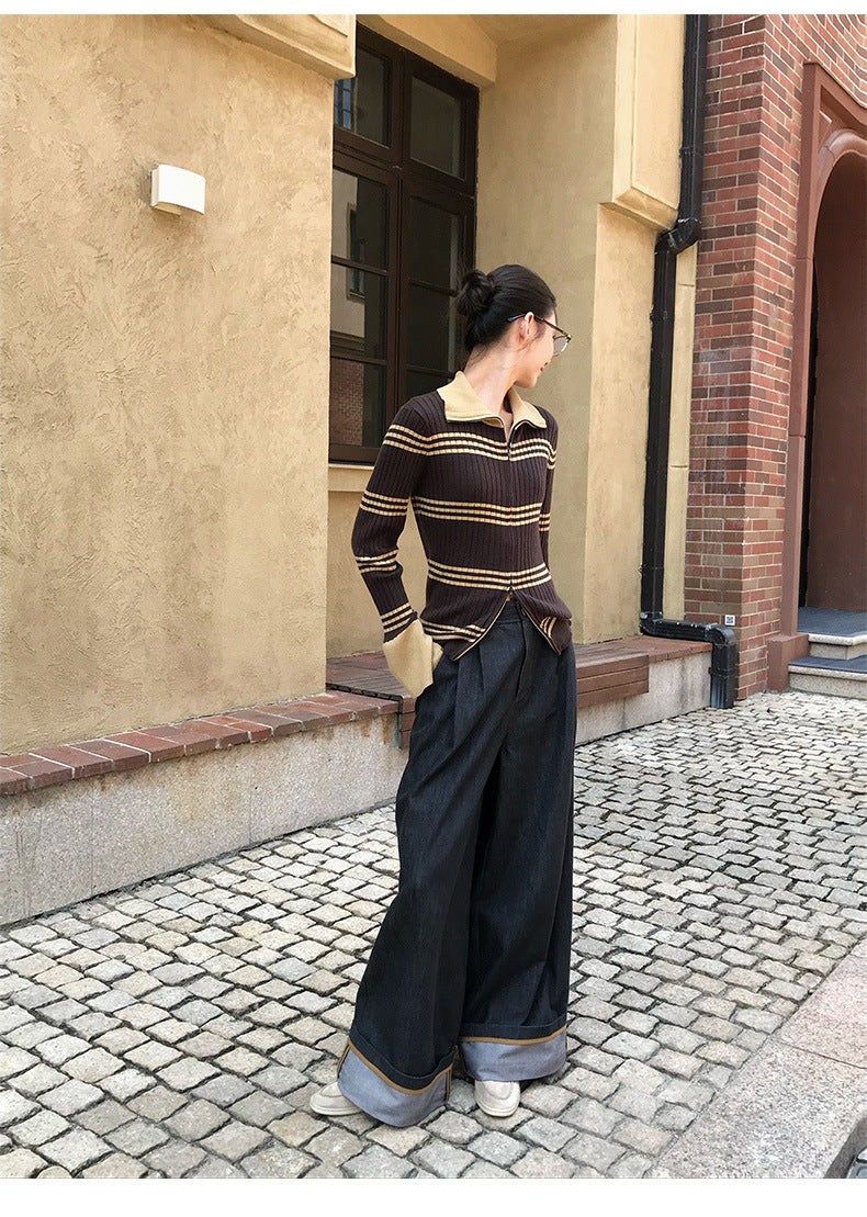 Flared Sleeves Slim Striped Zip-Up Knitted Sweater Cardigan Top