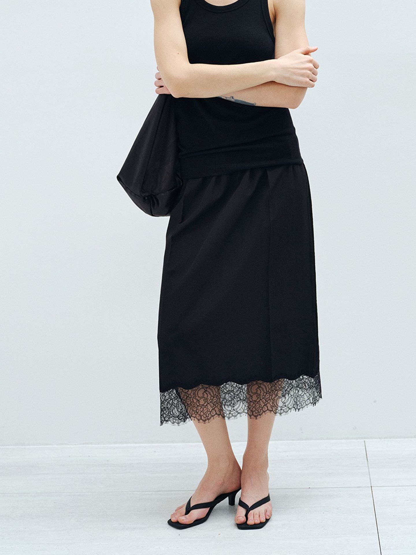 Satin Lace Hem Slip Midi Skirt