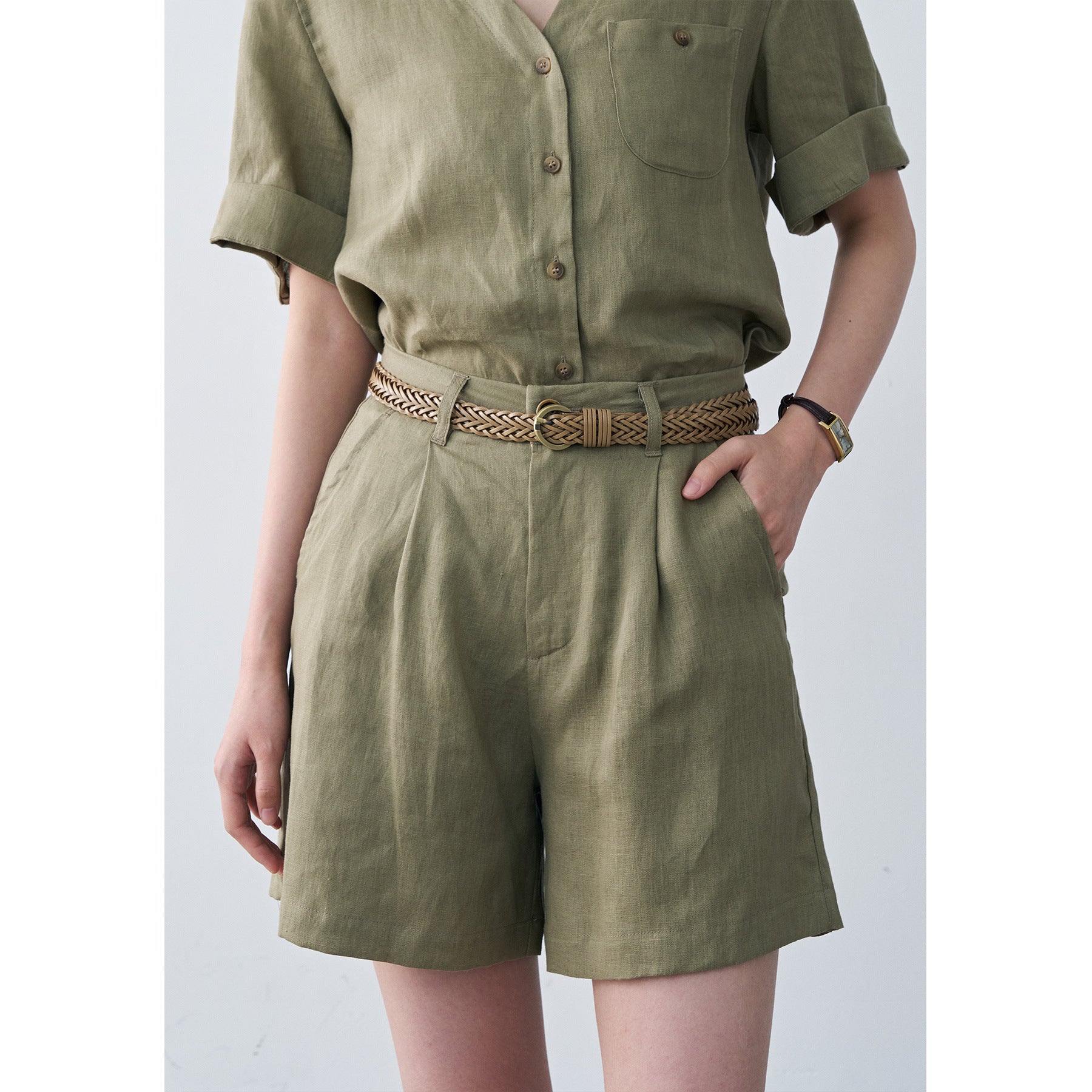 Linen Pleated Straight Casual A-Line Shorts
