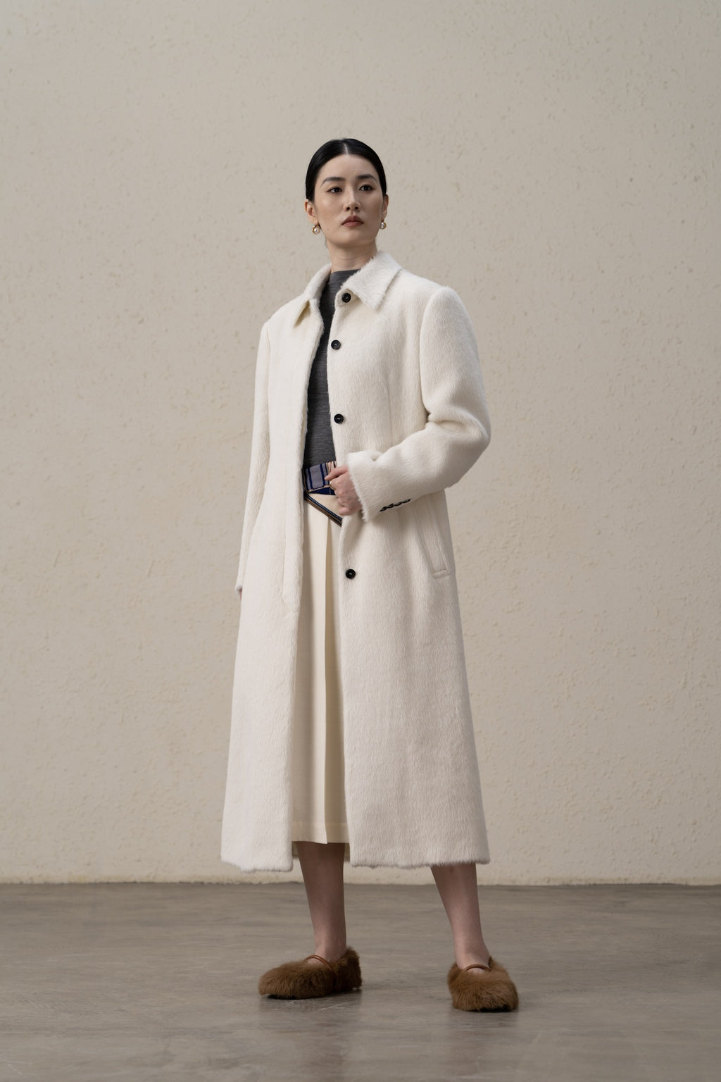 Suri Alpaca & Merino Wool Buttoned Shearling Long Coat