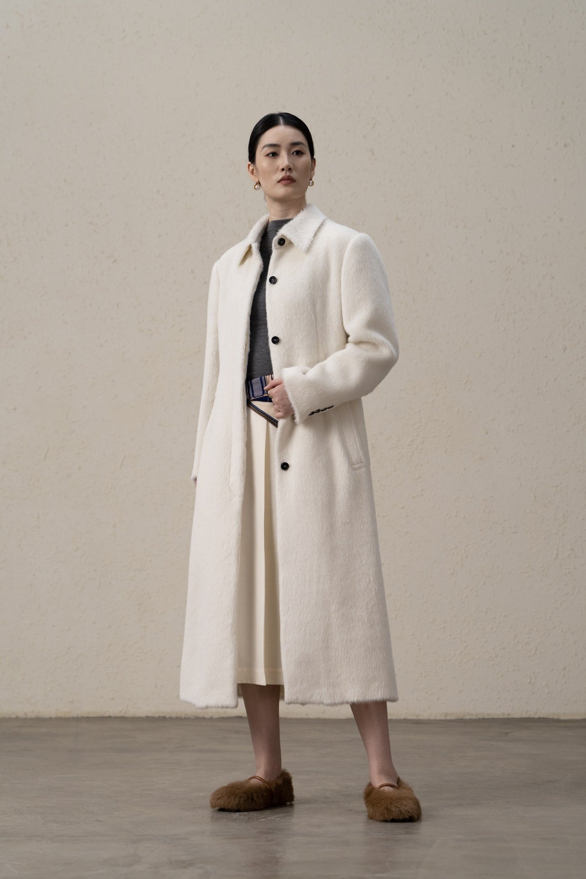 Suri Alpaca & Merino Wool Buttoned Shearling Long Coat