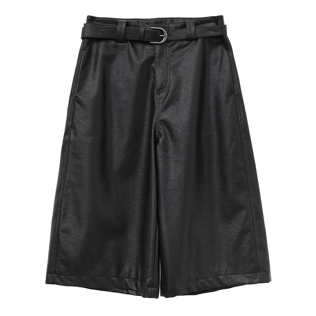 Straight-Leg PU Leather Shorts with Belt