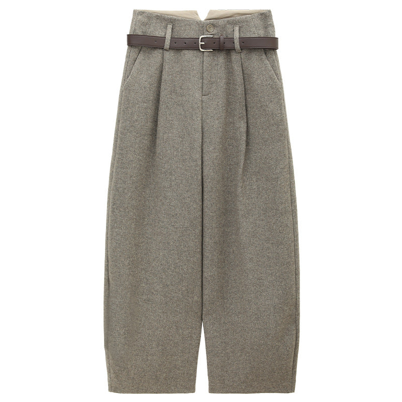 Smooth Minimalist Tweed Style Wool Pants with Belts
