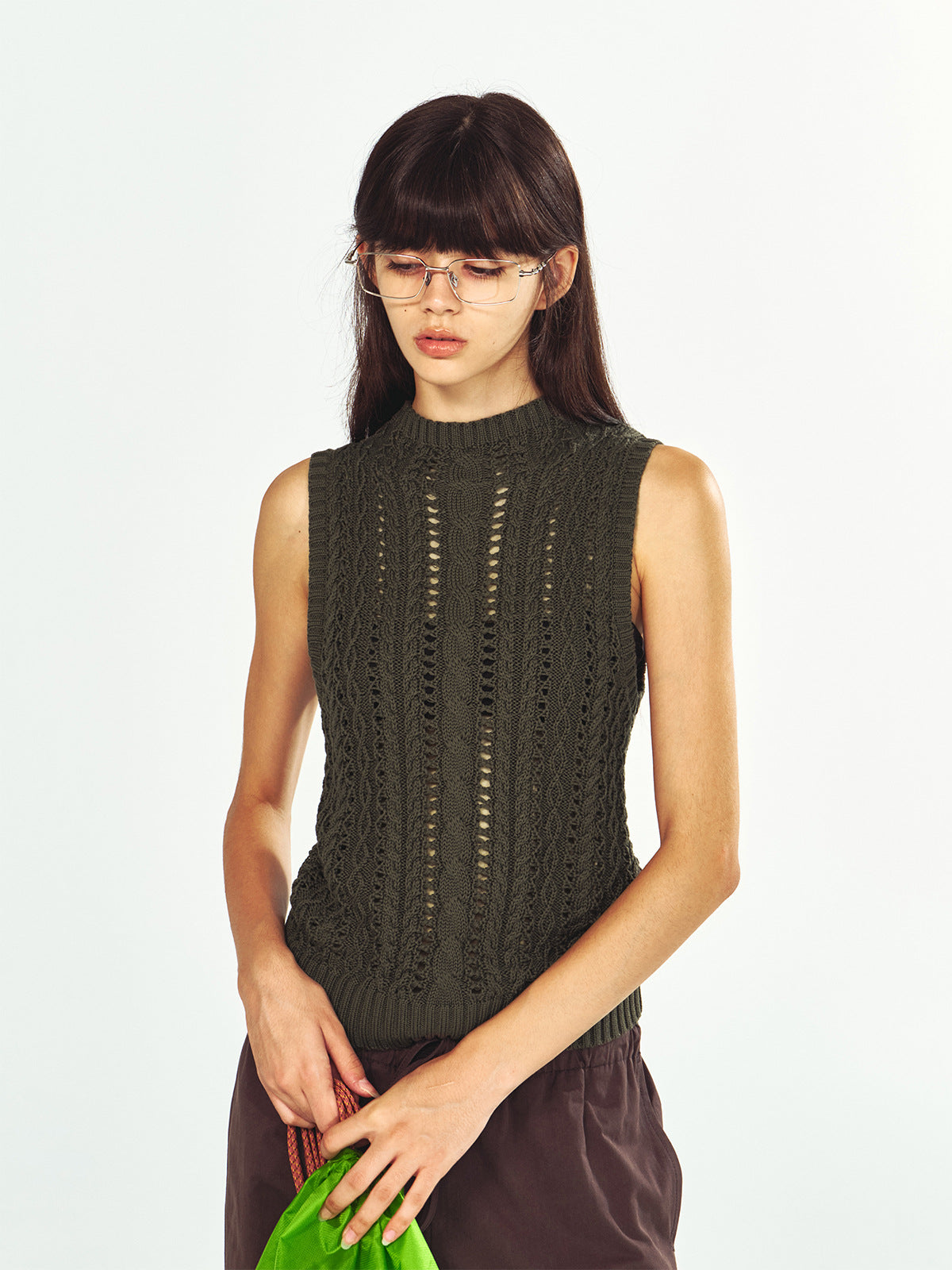 Openwork Knit Mock Neck Sleeveless Sweater Top