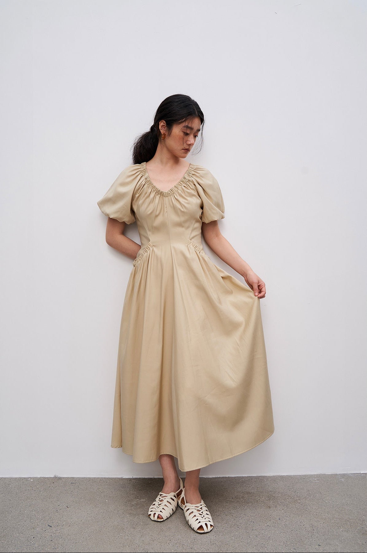V-Neck Puffy Dress with Large Pockets
