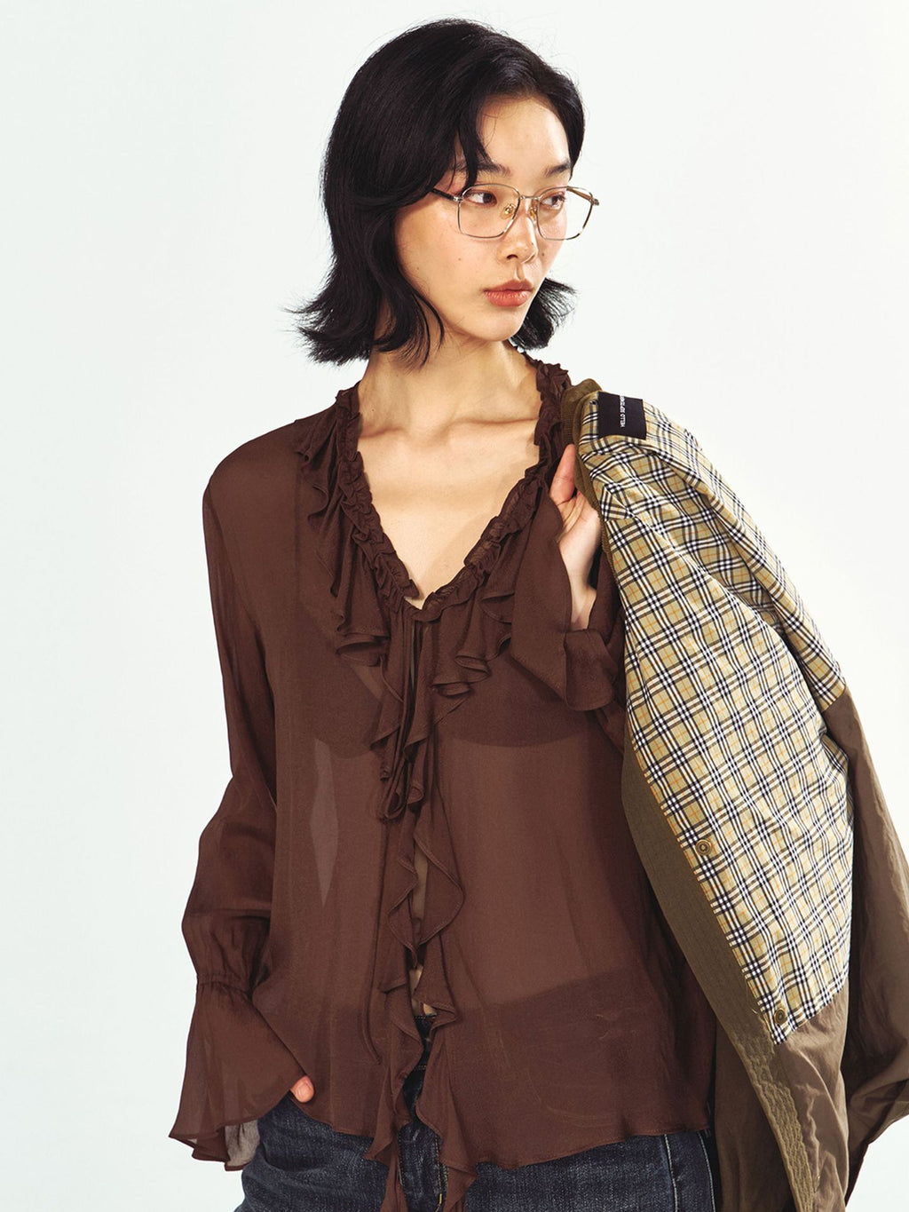 Translucent Double Crepe Long-Sleeve Chiffon Top