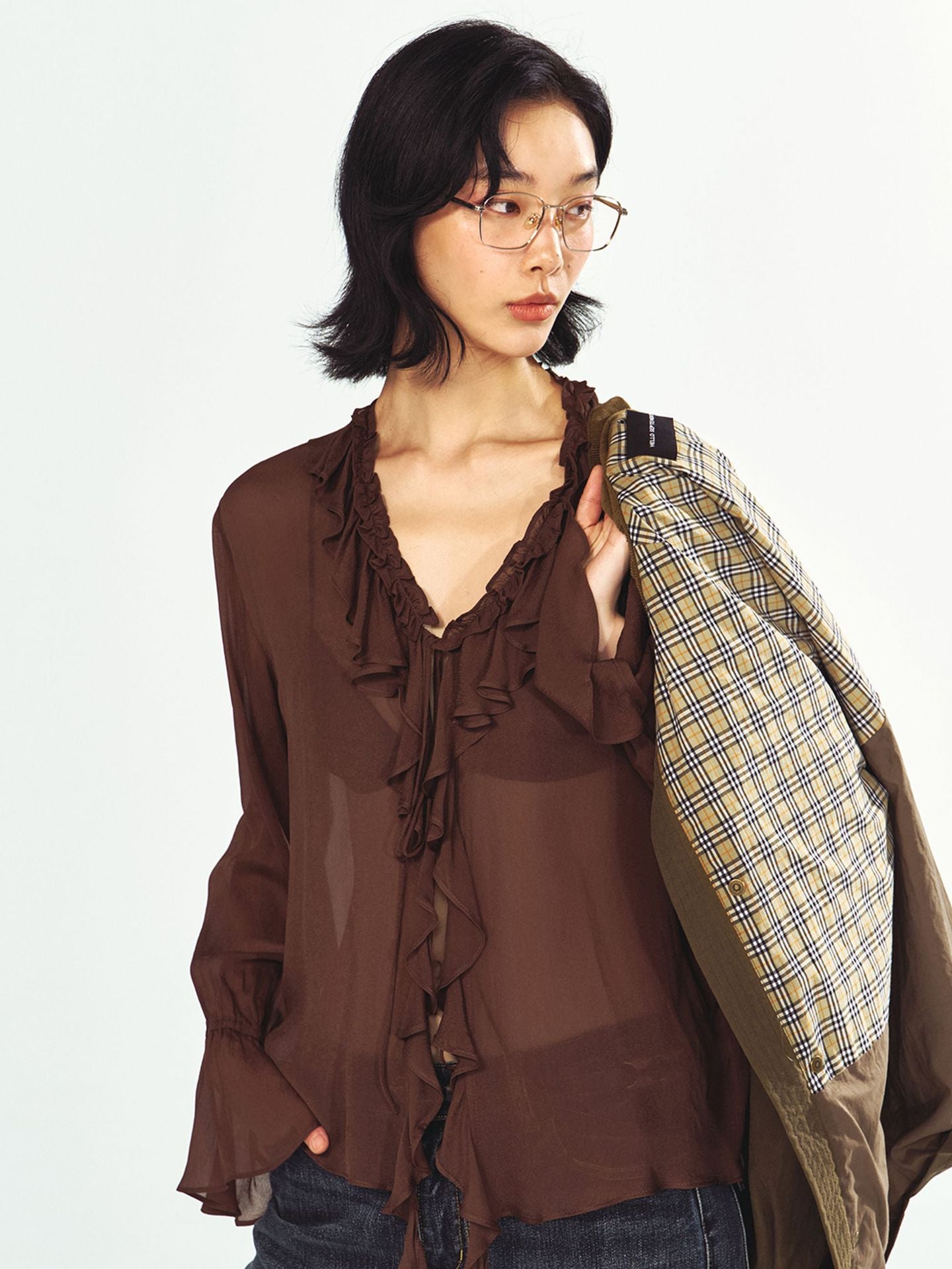 Translucent Double Crepe Long-Sleeve Chiffon Top