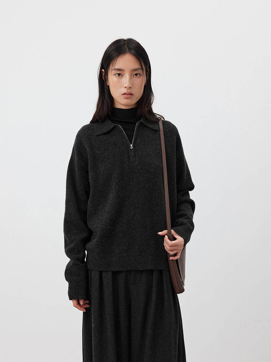 100% Wool Soft Half-Zipper Polo Sweater