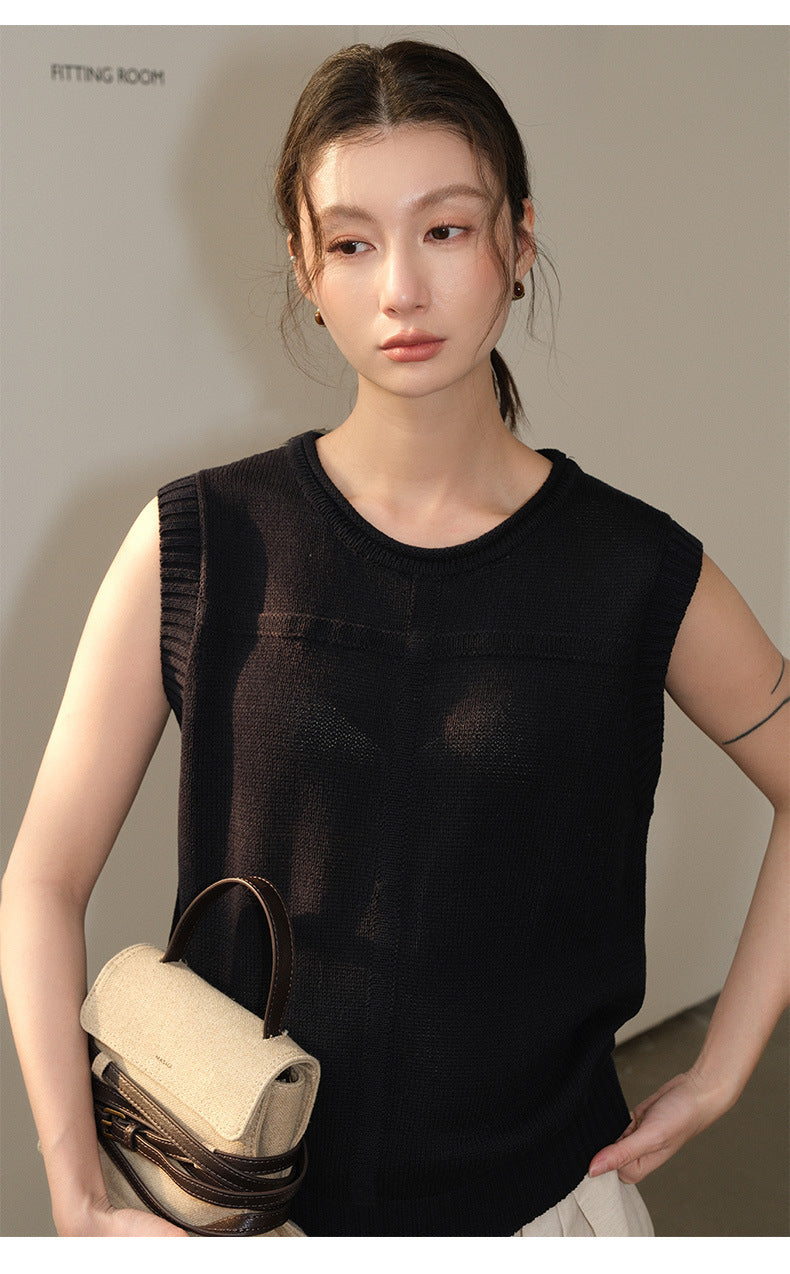 Linen Blend Roll-Neck Wool Sleeveless Knitwear Top