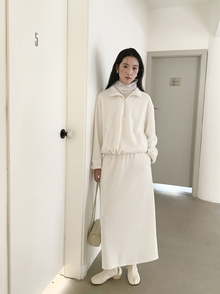 High-Rise Brushed-Texture Soft Straight Midi Skirt