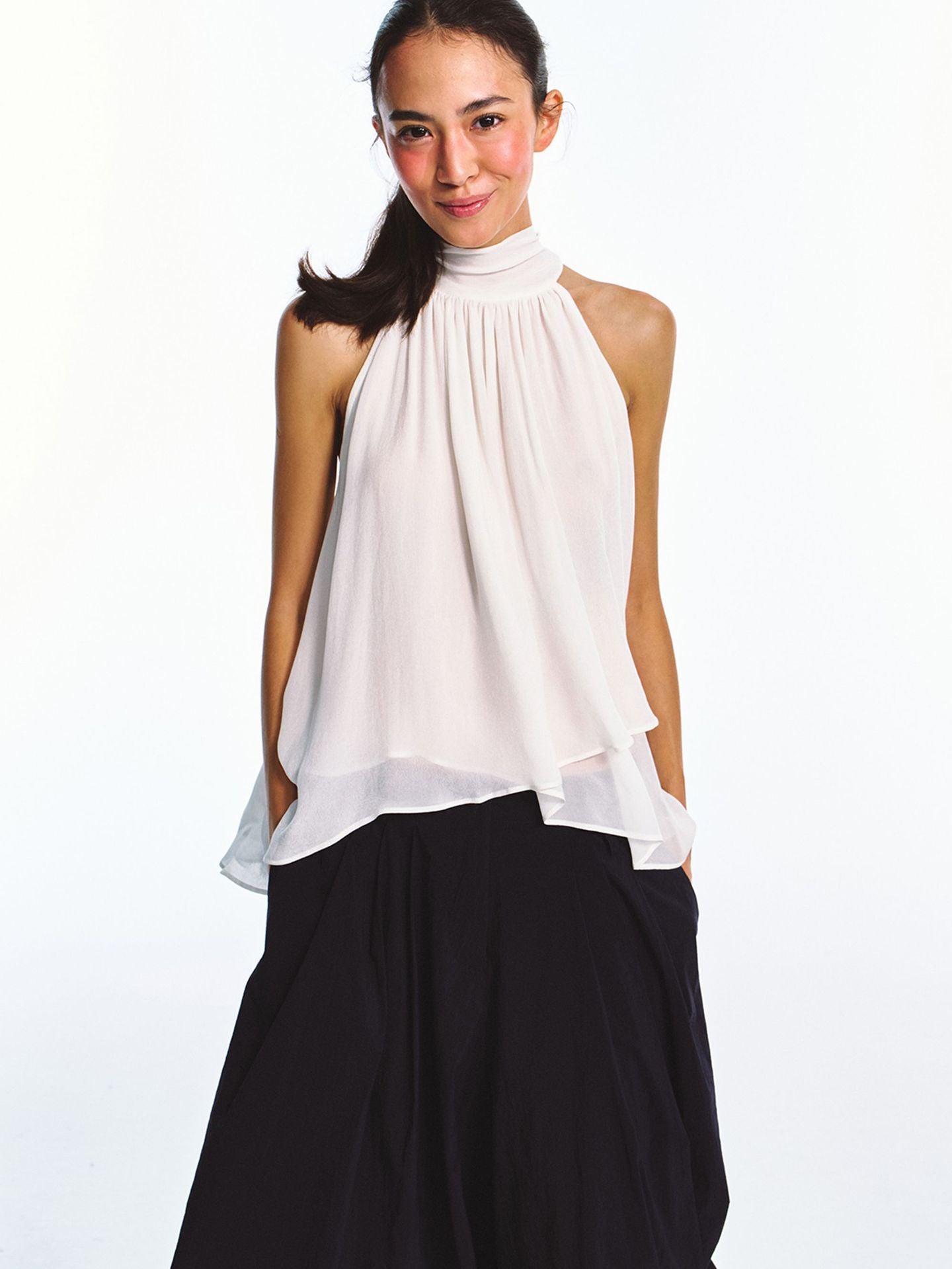 Silk Double Crepe Tie Strap Halter Multi-Layer Top