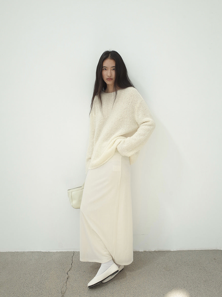 Textured Drawstring Mohair Wool Neck Knit Long-Sleeve Top