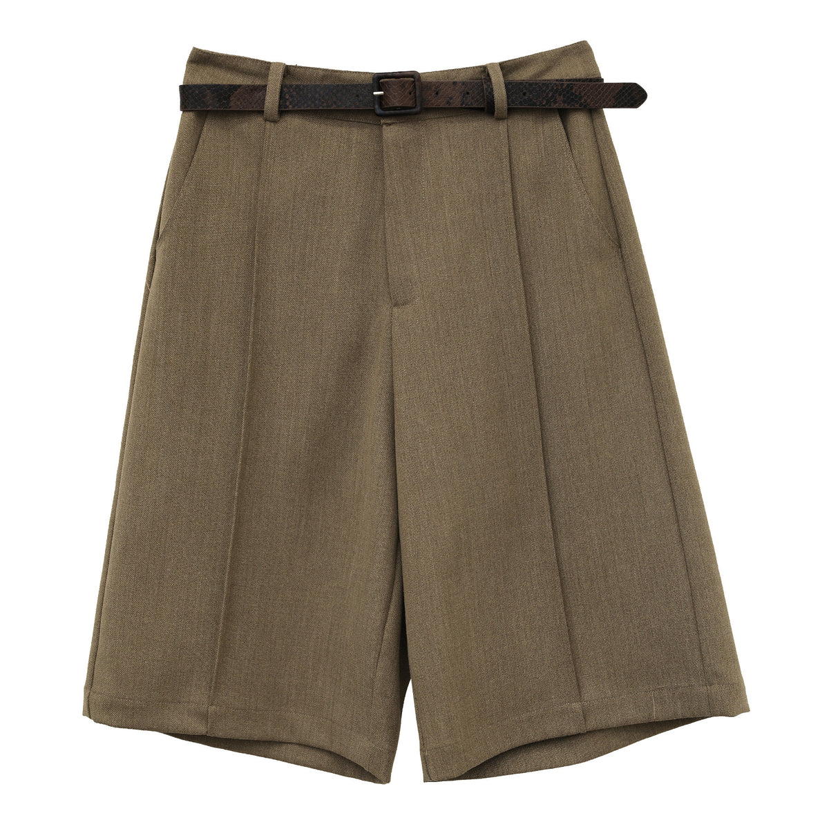 High-Waist Pleated Straight-Leg Blazer Shorts with Belt