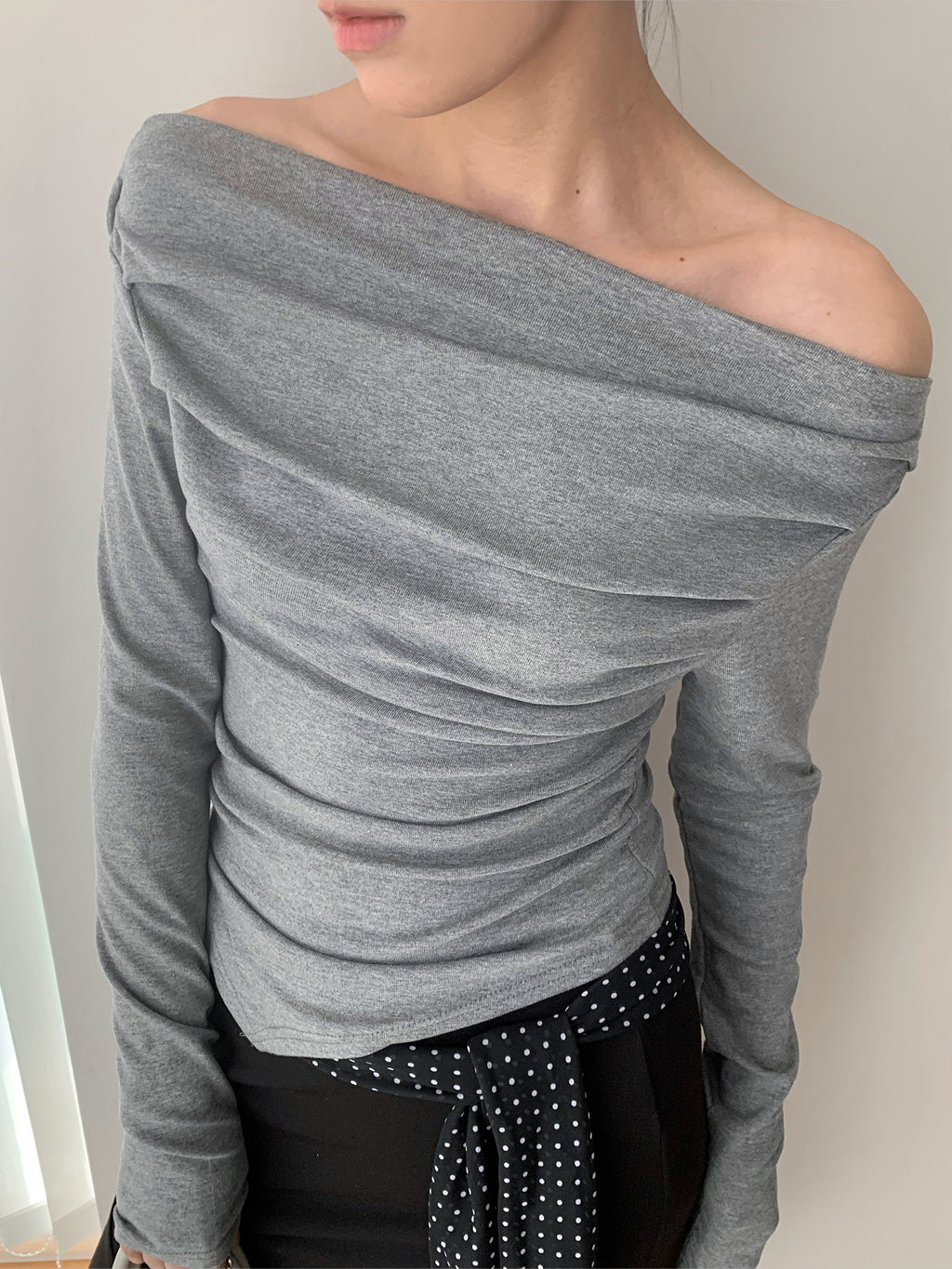 Off-Shoulder Boat Neck Ruched Long Sleeve Top