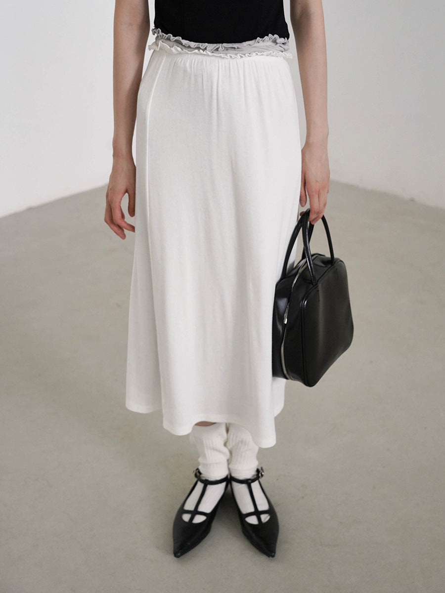 Soft Stretch Ruffled Elastic Waistband Midi Skirt