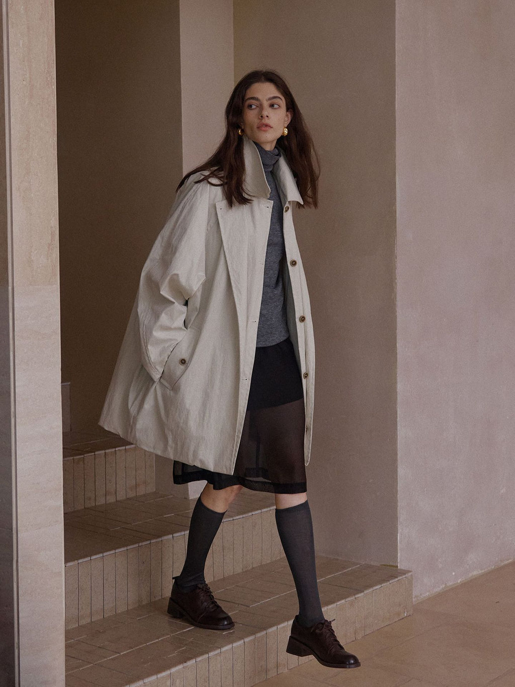 Illusion Double-layer Cocoon-shaped Structured Trench Coat
