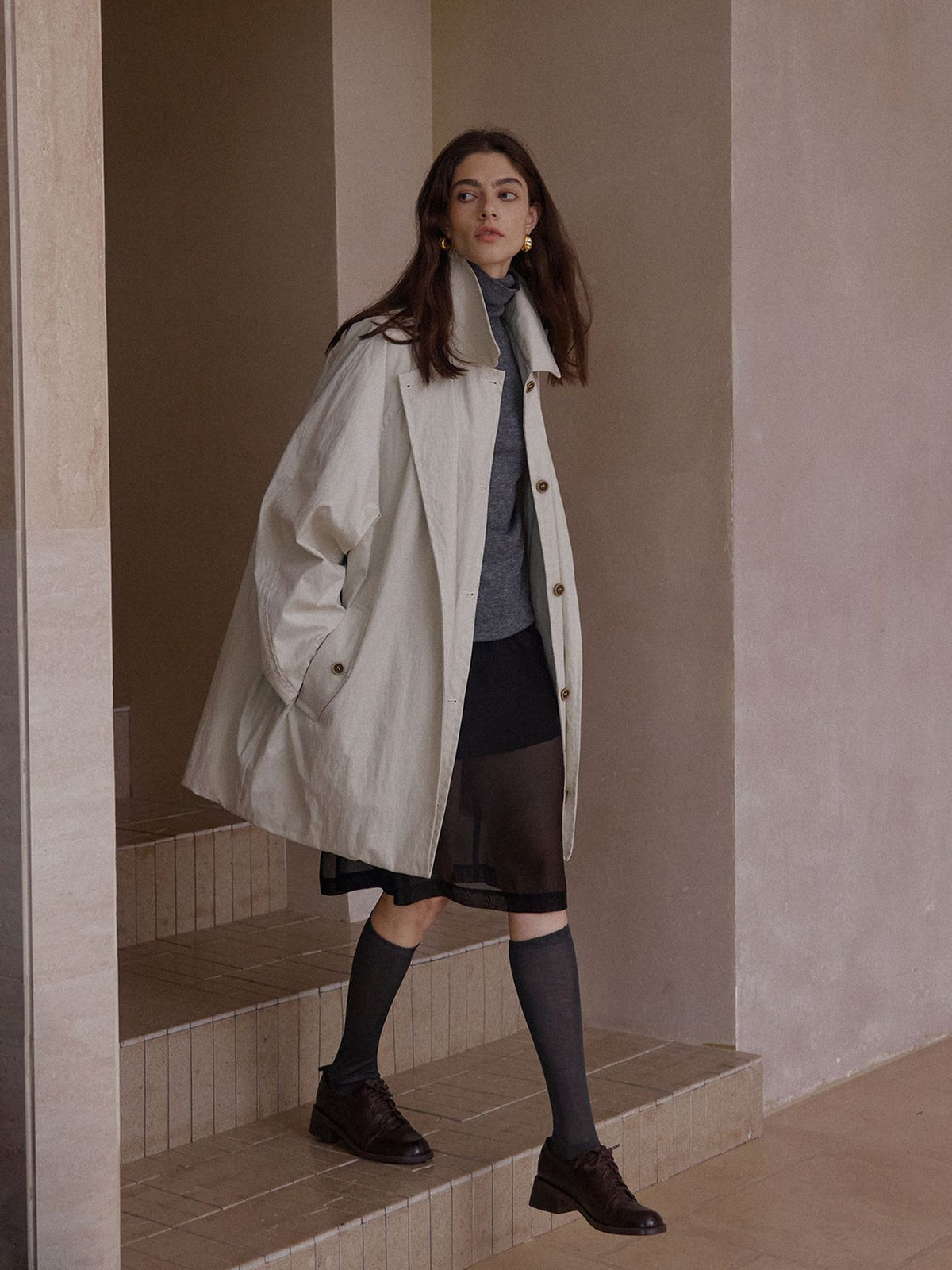 Illusion Double-layer Cocoon-shaped Structured Trench Coat