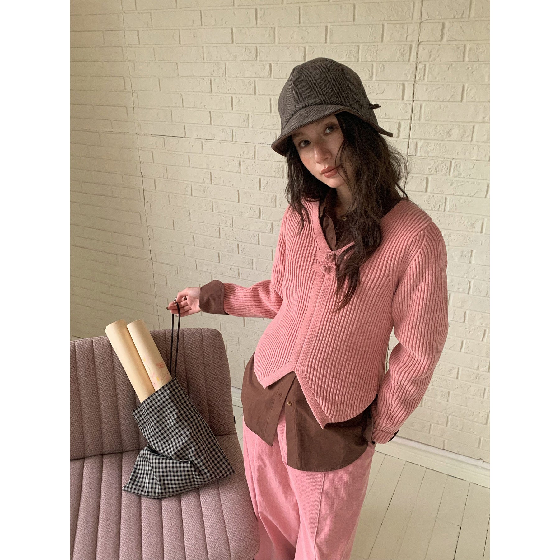 Frog Button V-Neck Striped Long-sleeve Slim-Fit Sweater