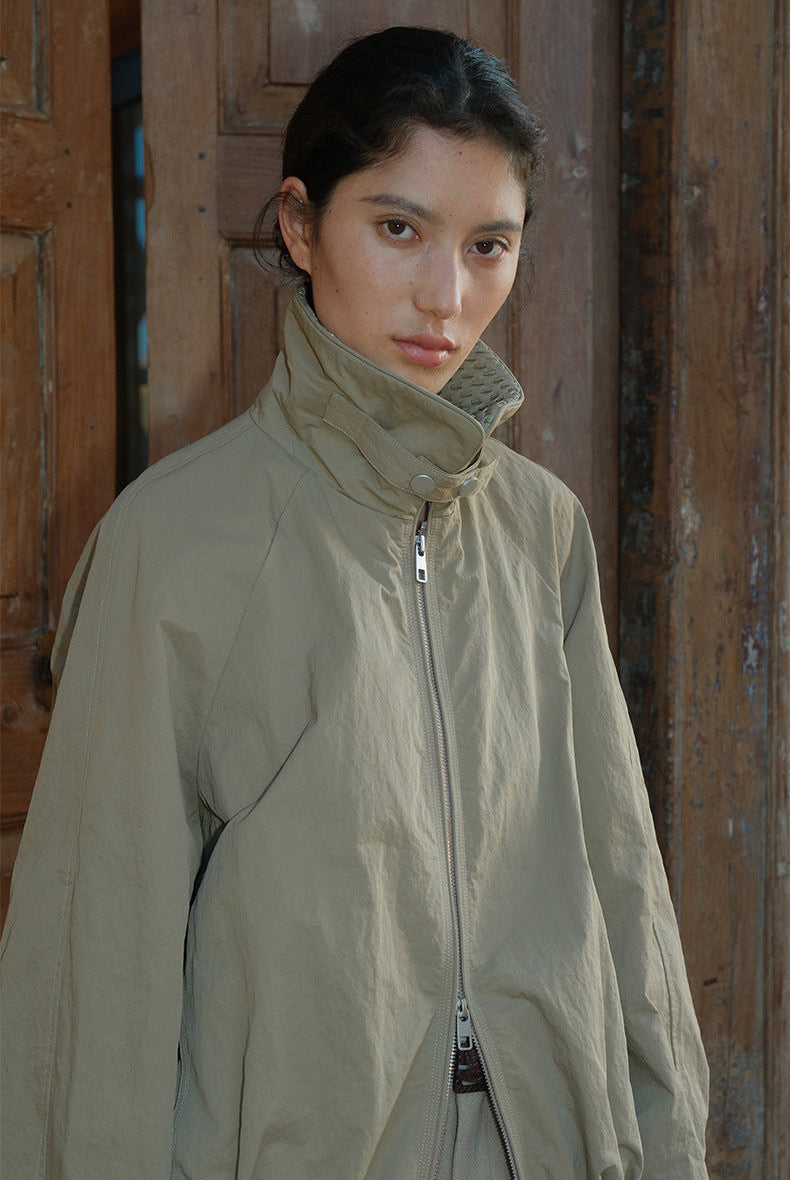 Woven Collar Double Zipper Windbreaker Jacket