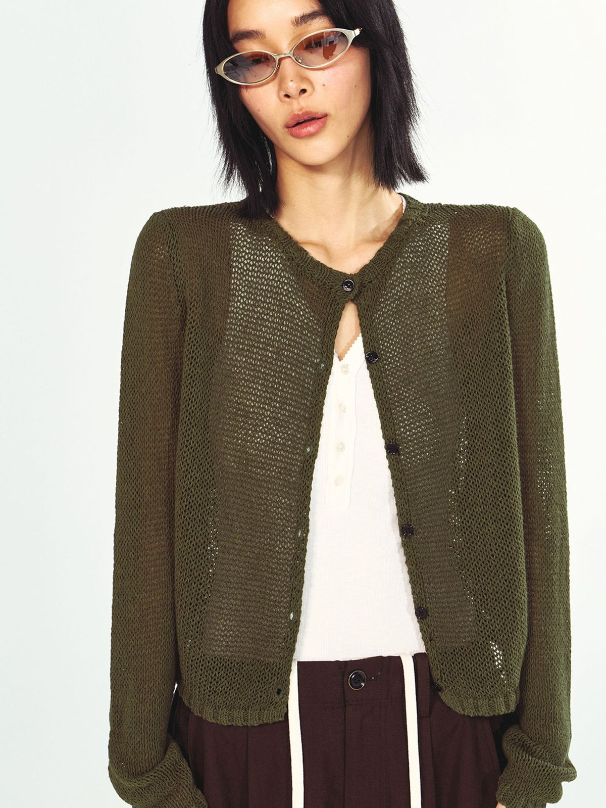 Linen-cotton Blend Coarse Single-breasted Knit Sweater