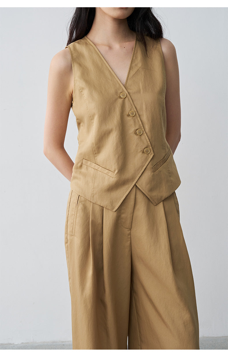 Minimalist Tencel V-neck Diagonal Vest Waist-cinching Sleeveless Top