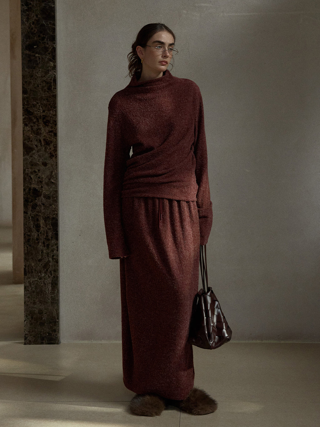 Soft Drawstring Knit Micro-cocoon Maxi Skirt