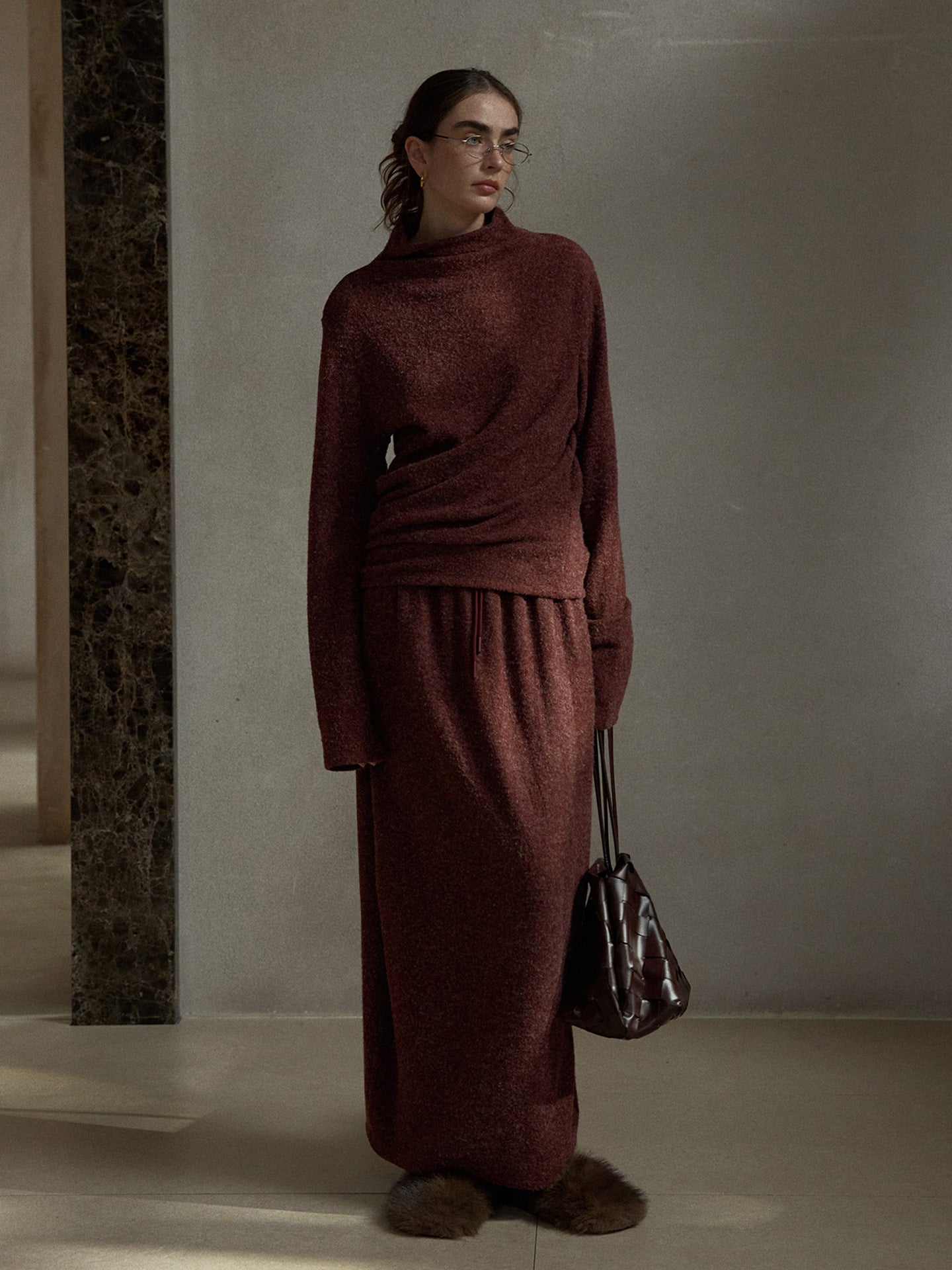 Soft Drawstring Knit Micro-cocoon Maxi Skirt