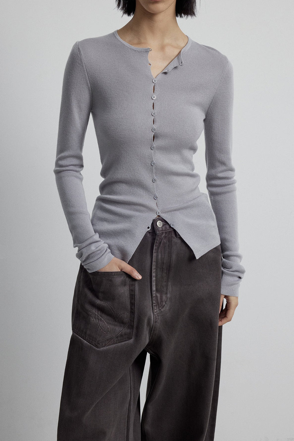Close-fitting Wool Blend Long-sleeved Knit Single-breasted Cardigan Top