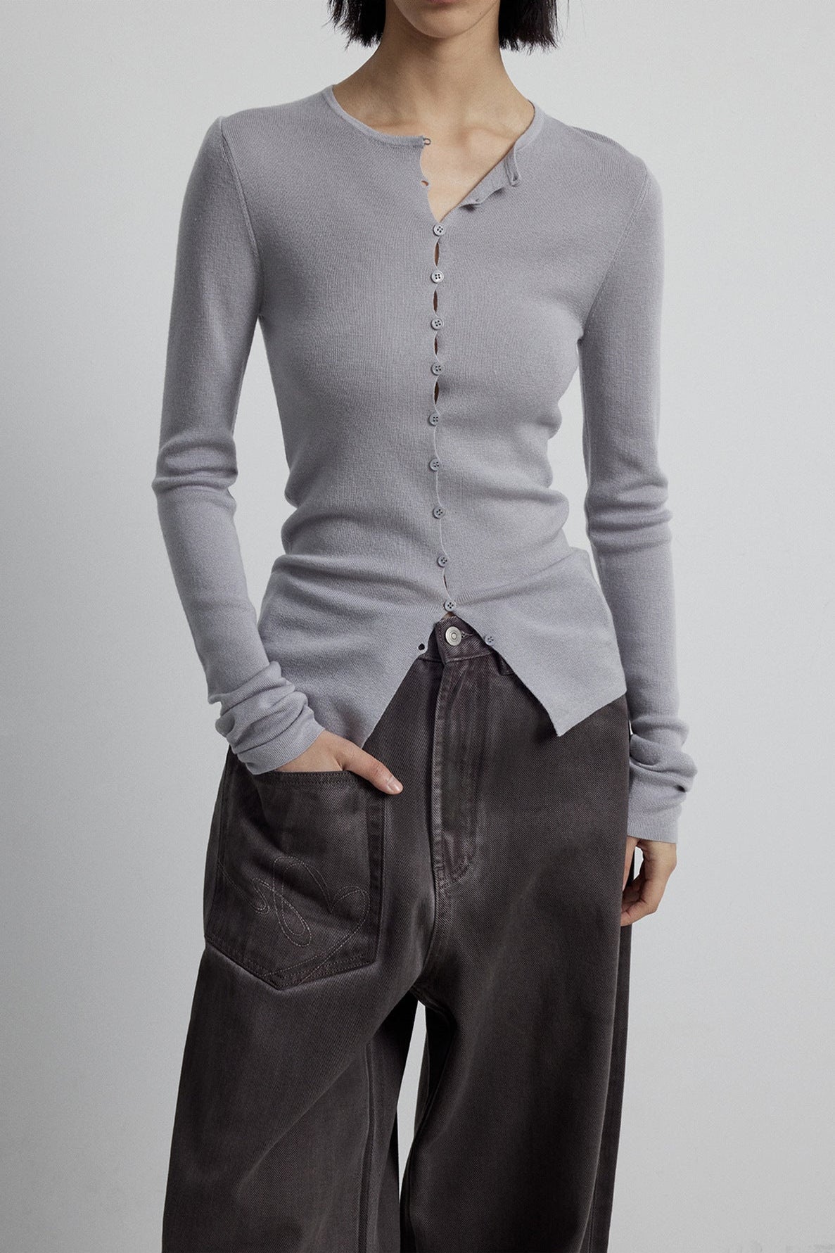 Close-fitting Wool Blend Long-sleeved Knit Single-breasted Cardigan Top