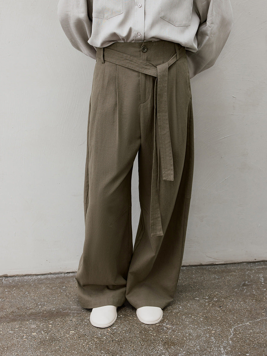 Waist Cord Belt Drape Wide-Leg Pants