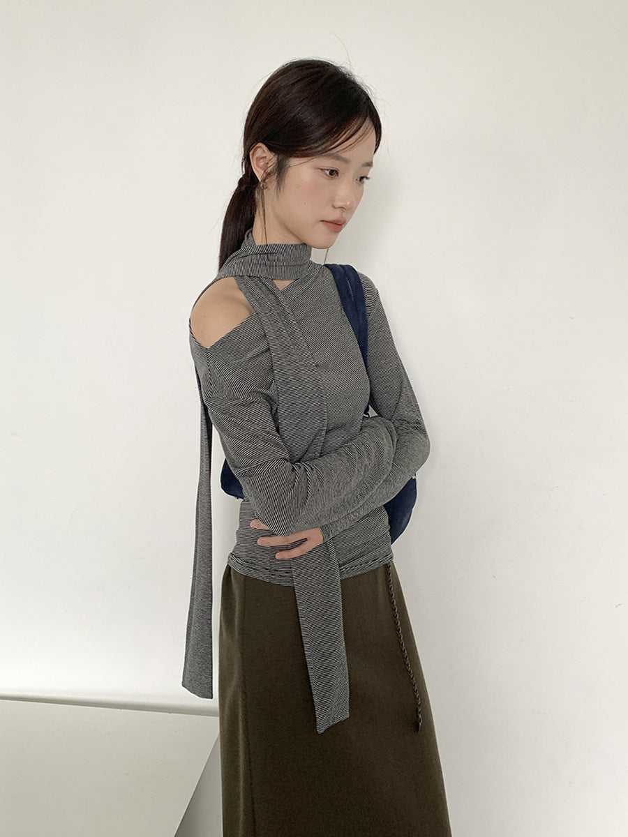 Asymmetric Off-Shoulder Draped Knit Top with Scarf