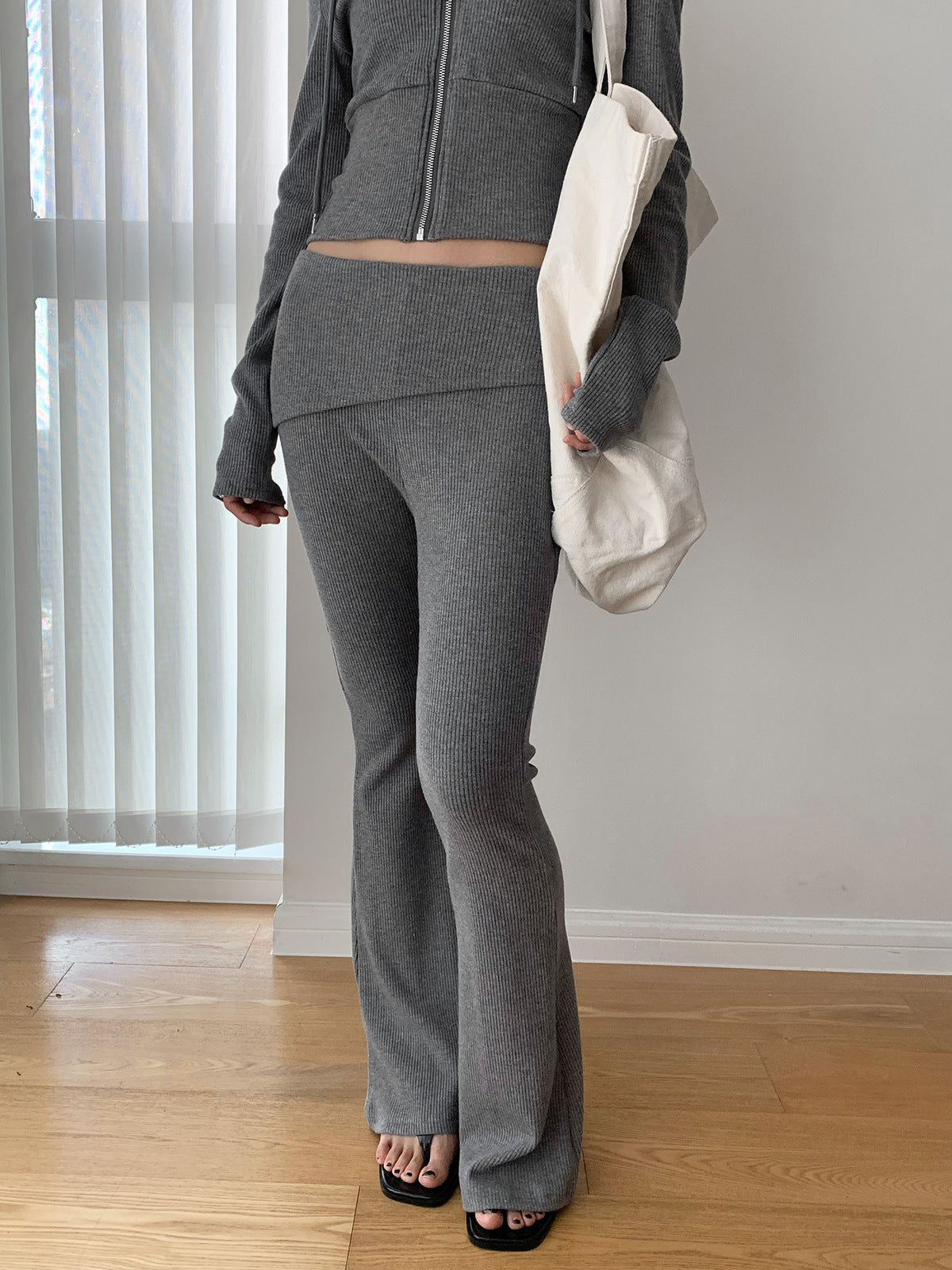 Ribbed Foldover Waist Flare Pants