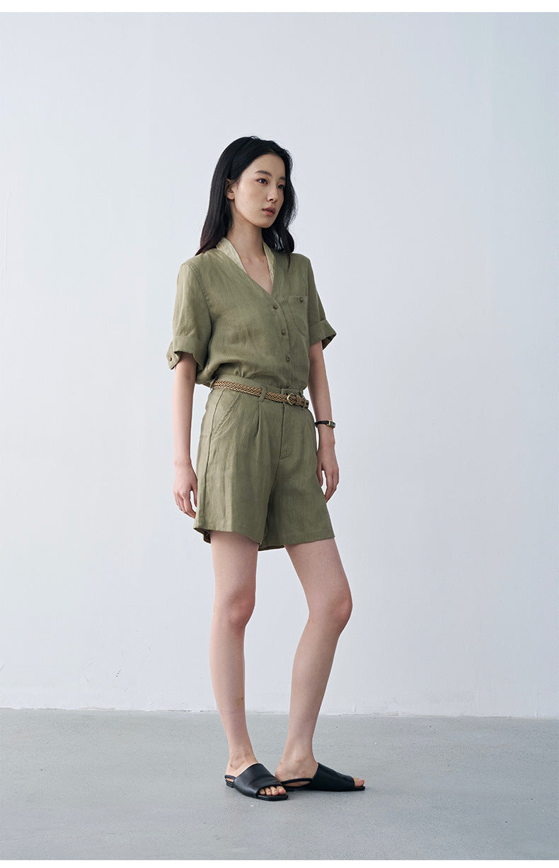 Linen Pleated Straight Casual A-Line Shorts