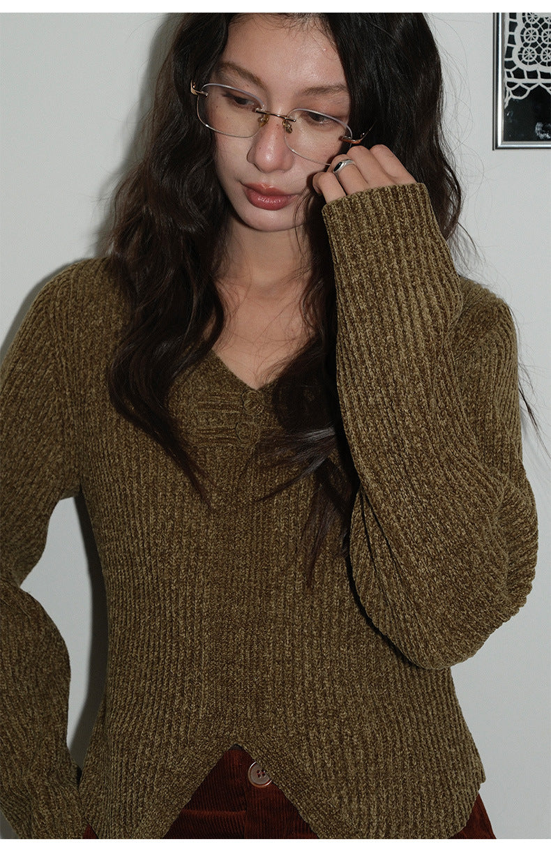 Frog Button V-Neck Striped Long-sleeve Slim-Fit Sweater