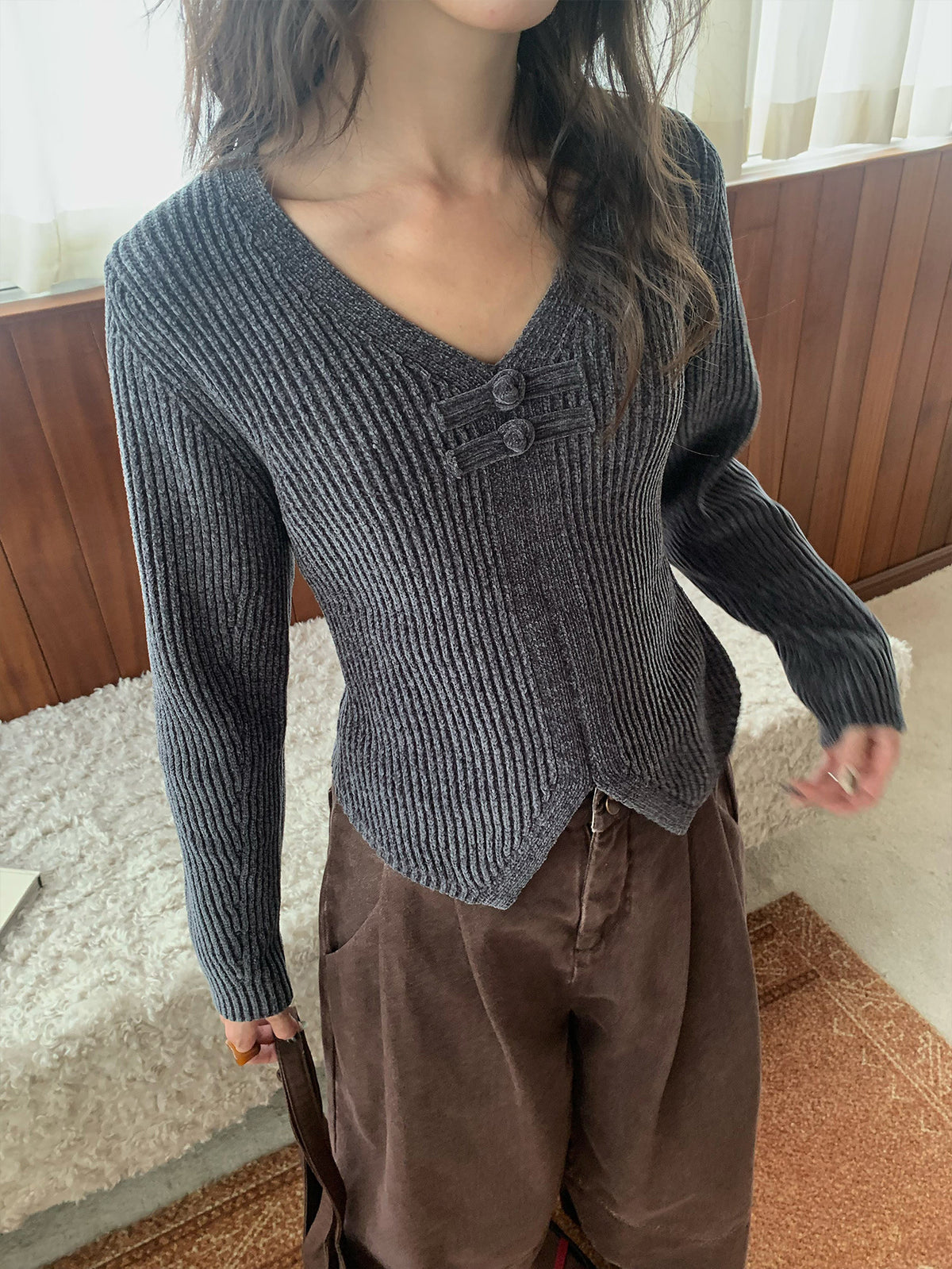 Frog Button V-Neck Striped Long-sleeve Slim-Fit Sweater