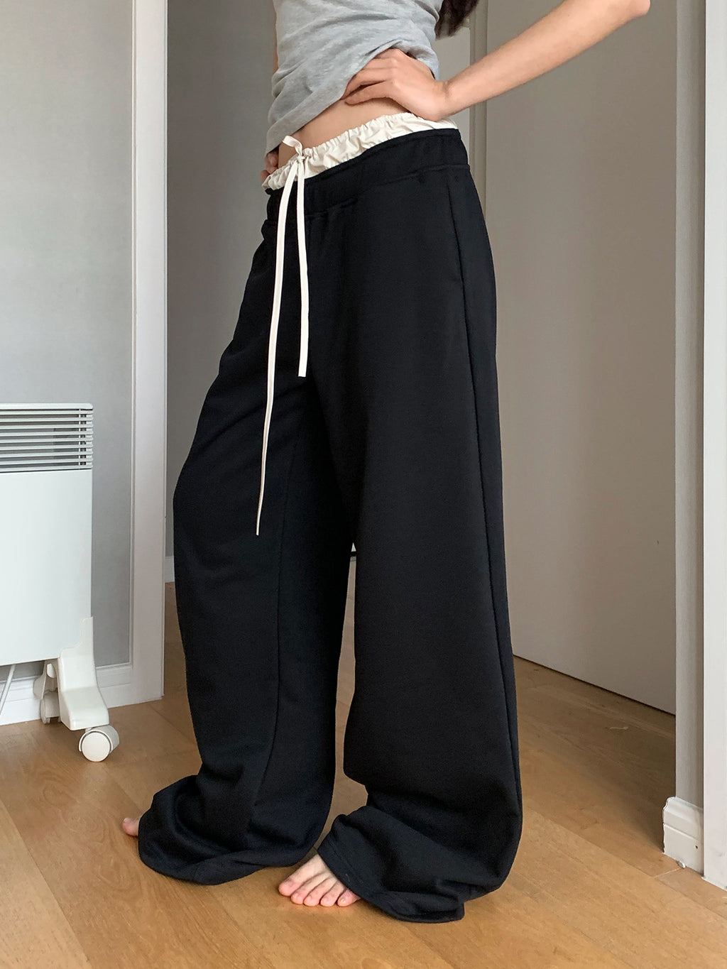 Spliced Waist Contrasting Wide-leg Elastic Waist Sweatpants