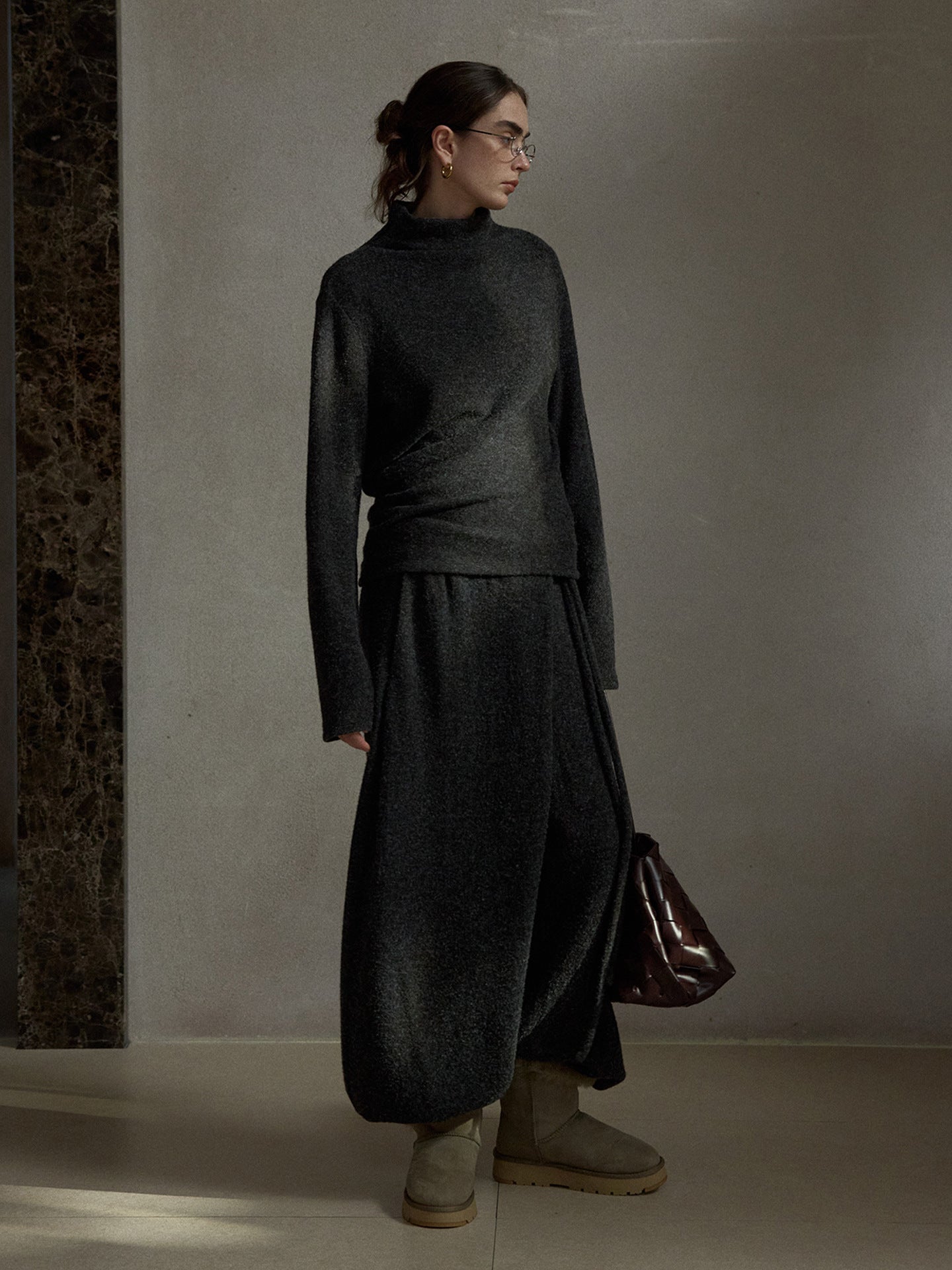 Asymmetrical Drawstring Waistband Soft Textured Wide-Leg Pants
