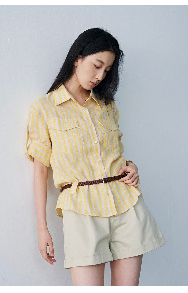 Pleated Mid-rise Rolled Edge Straight Leg Shorts