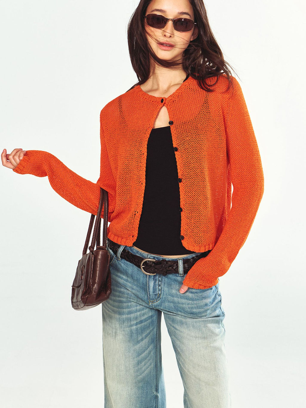 Linen-cotton Blend Coarse Single-breasted Knit Sweater