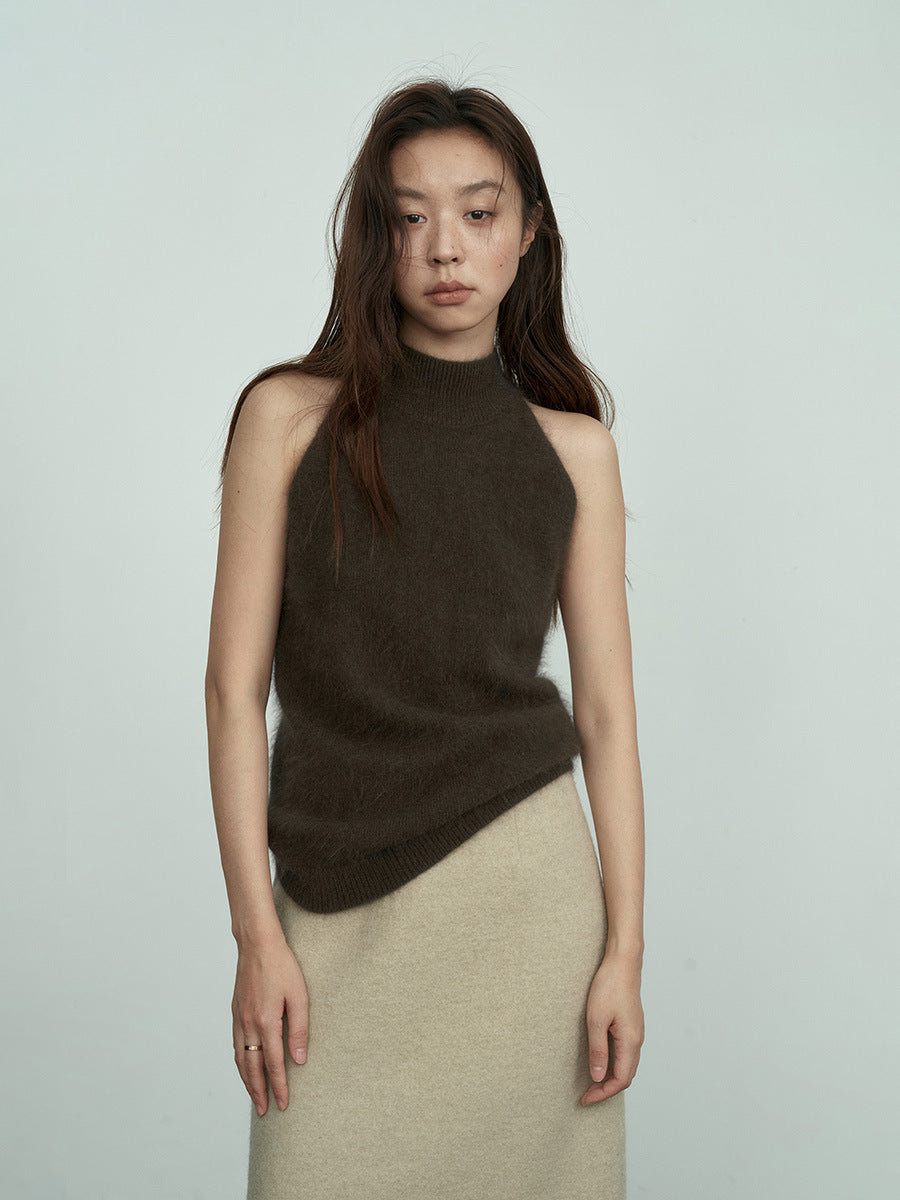 Fuzzy Knit High-Neck Sleeveless Sweater Top