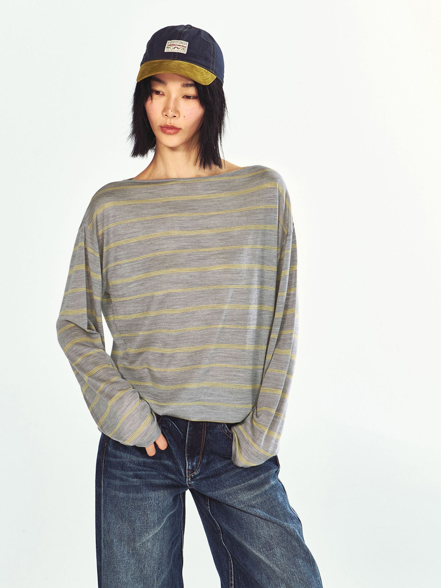 Soft Ultra-fine Wool Off-shoulder Striped Long-sleeve Top