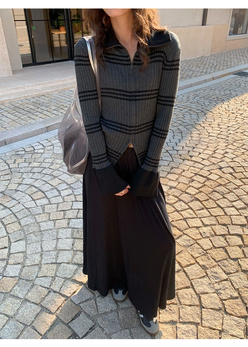 Flared Sleeves Slim Striped Zip-Up Knitted Sweater Cardigan Top