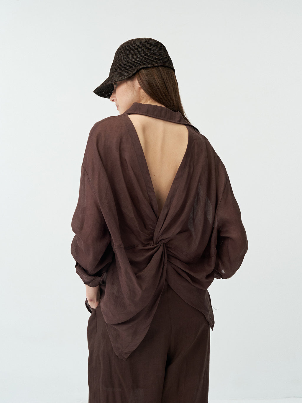 Butterfly Twisted Hollow Back Sheer Linen Shirt